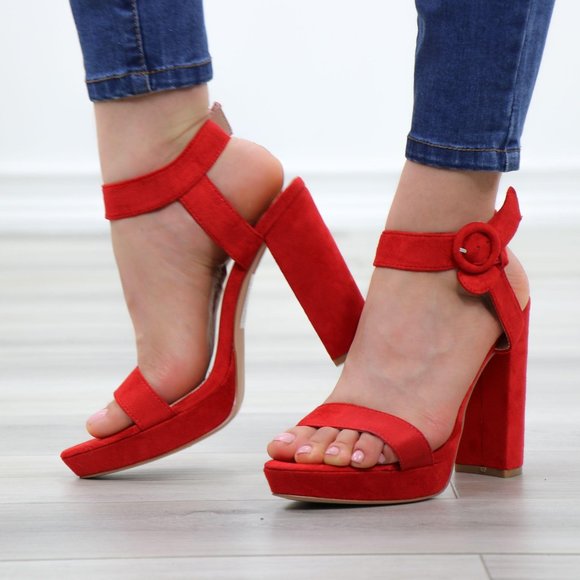 Faux Suede Red Platform Open Pointy Toe High Heels - Picture 11 of 14